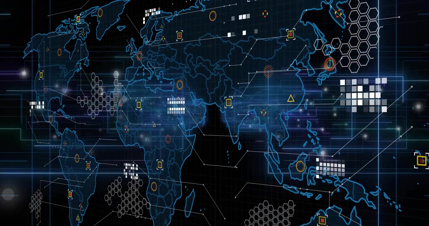 Glowing data streams converging initiating world map zooming overlaying nodes showing network flow