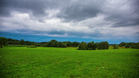 white clouds flow by over a green meadow