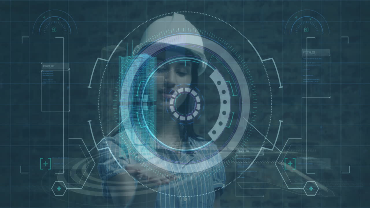 interfaz digital con procesamiento de datos contra estructuras 3d girando sobre manos de arquitectos mujeres