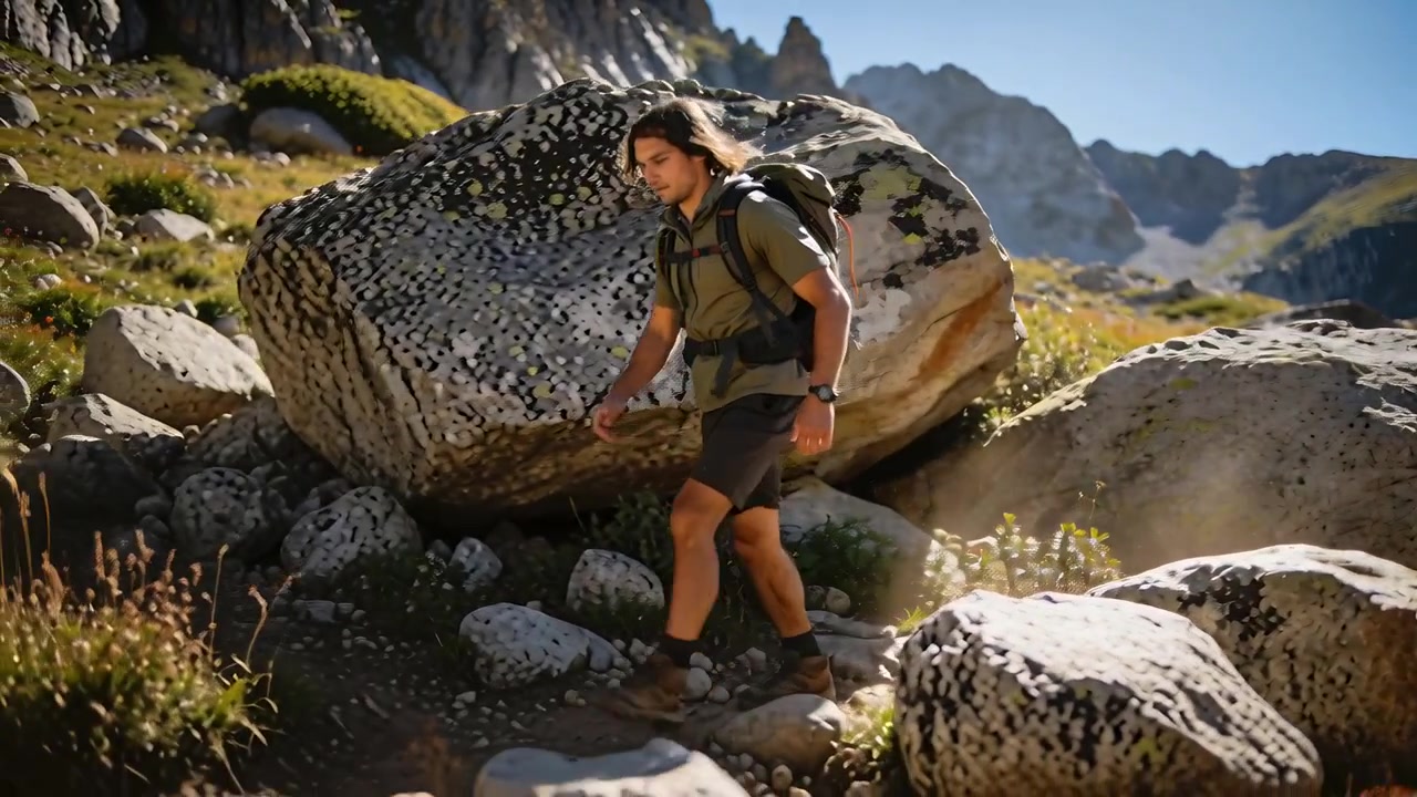 Escursionista in pantaloncini che scende su un sentiero alpino dopo un salto di roccia più elevato, con zaino e scarponi.