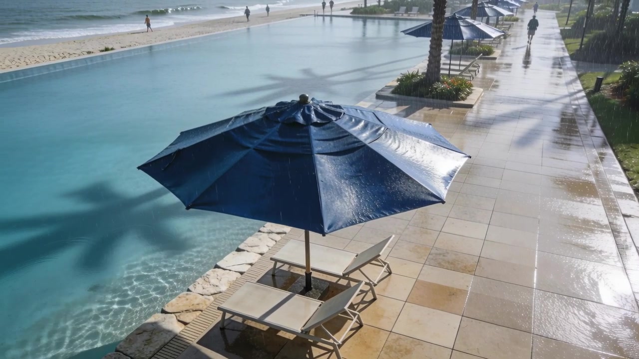 Grande ombrellone blu che gocciola, scaricando acqua su due lettini a bordo piscina, dopo un recente spruzzo.