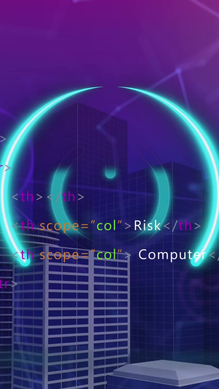 Animation of neon power button over network of digital icons, data processing over 3d city model