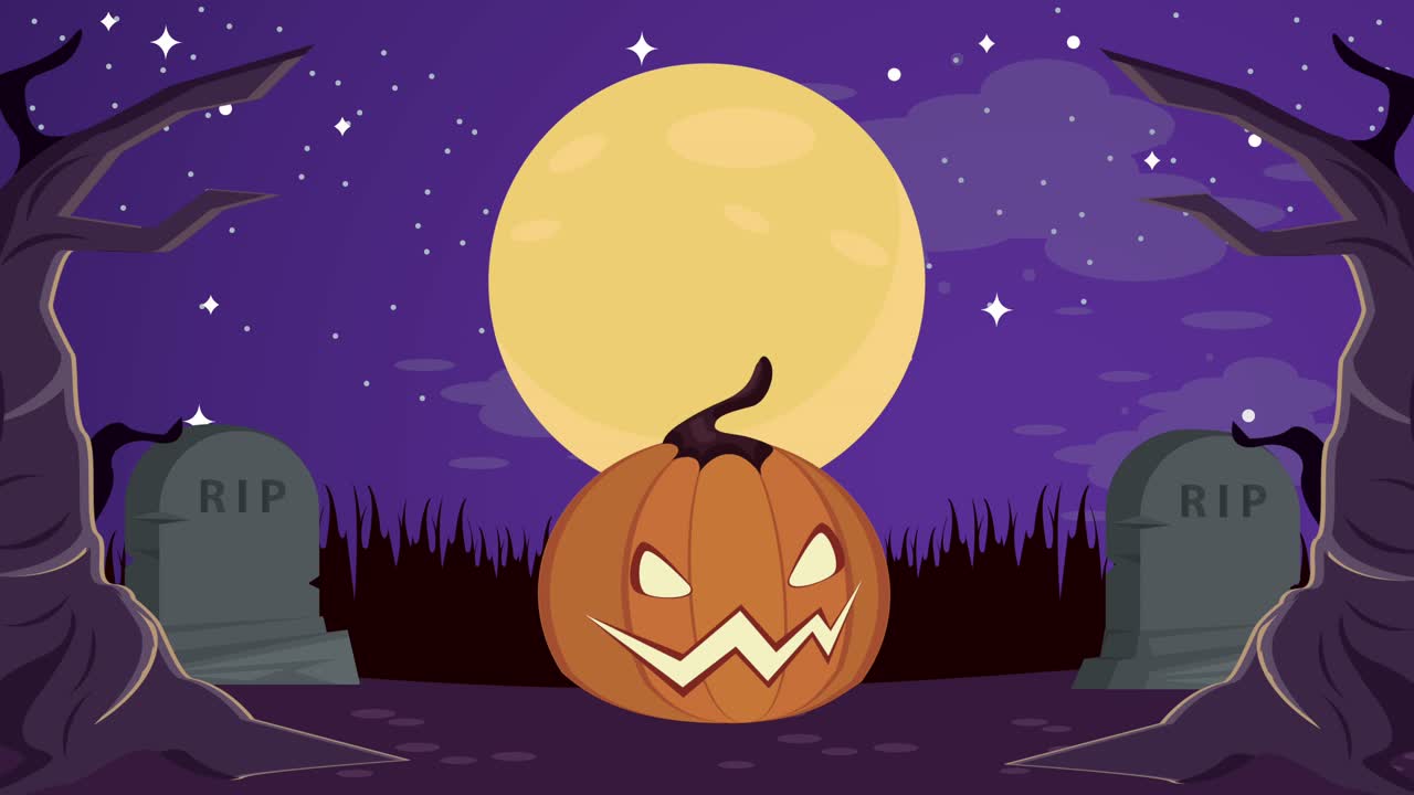 animazione di halloween felice con la zucca nel cimitero