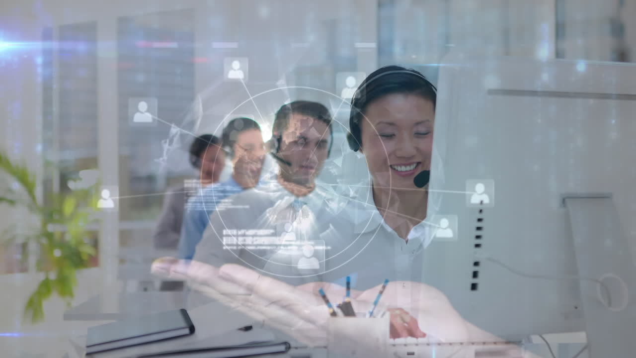 전화 헤드 ⁇ 을 사용하는 비즈니스 사람들과의 연결 네트워크의 애니메이션