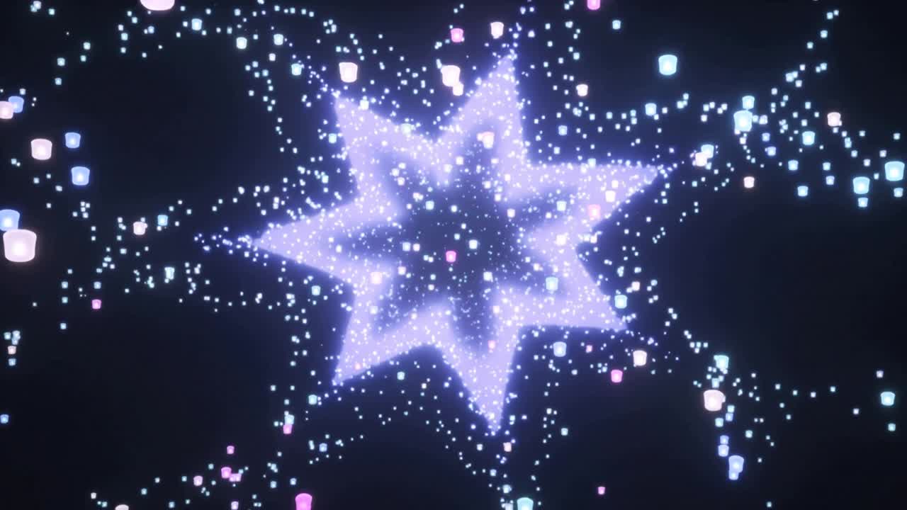 浮现的粒子汇聚，在虚空中形成一颗发光的星，伴随圆环和浅色立方体向外漂浮。