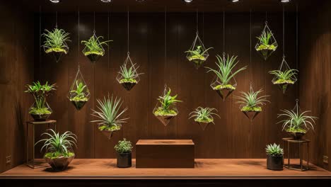 a serene display of hanging succulents and air plants in a contemporary wooden showcase, highlighting nature's beauty and elegance in indoor decor