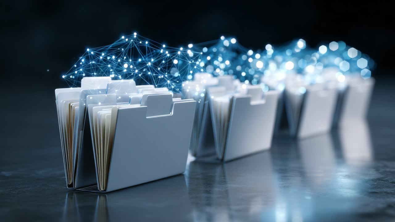 Digital Transformation: Visualizing the Convergence of Data, Technology, and Information Management through Abstract Files Representing Connectivity and Innovation