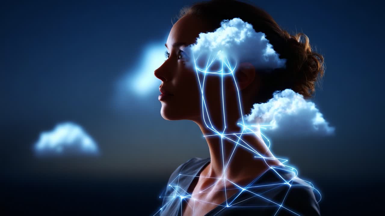 A Surreal Artistic Representation of a Female Silhouette with Clouds and Abstract Light Networks, Symbolizing Connection Between Imagination and Reality, Blending Elements of Art and Technology