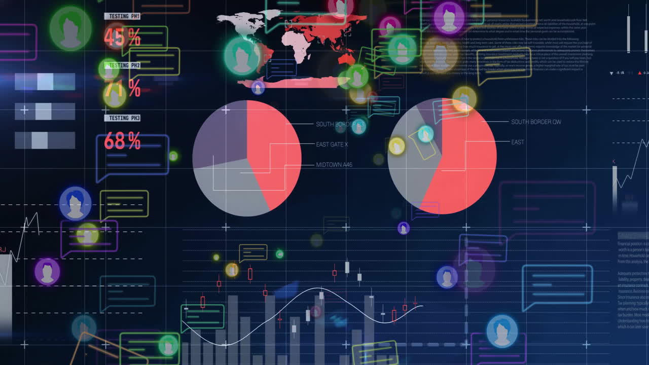 Data visualization with pie charts, graphs, and global network connections animation
