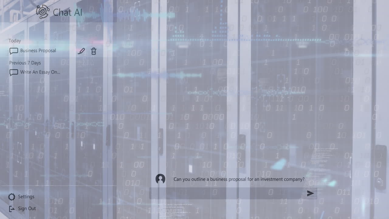 Chat ai logo and conversation text computer server room