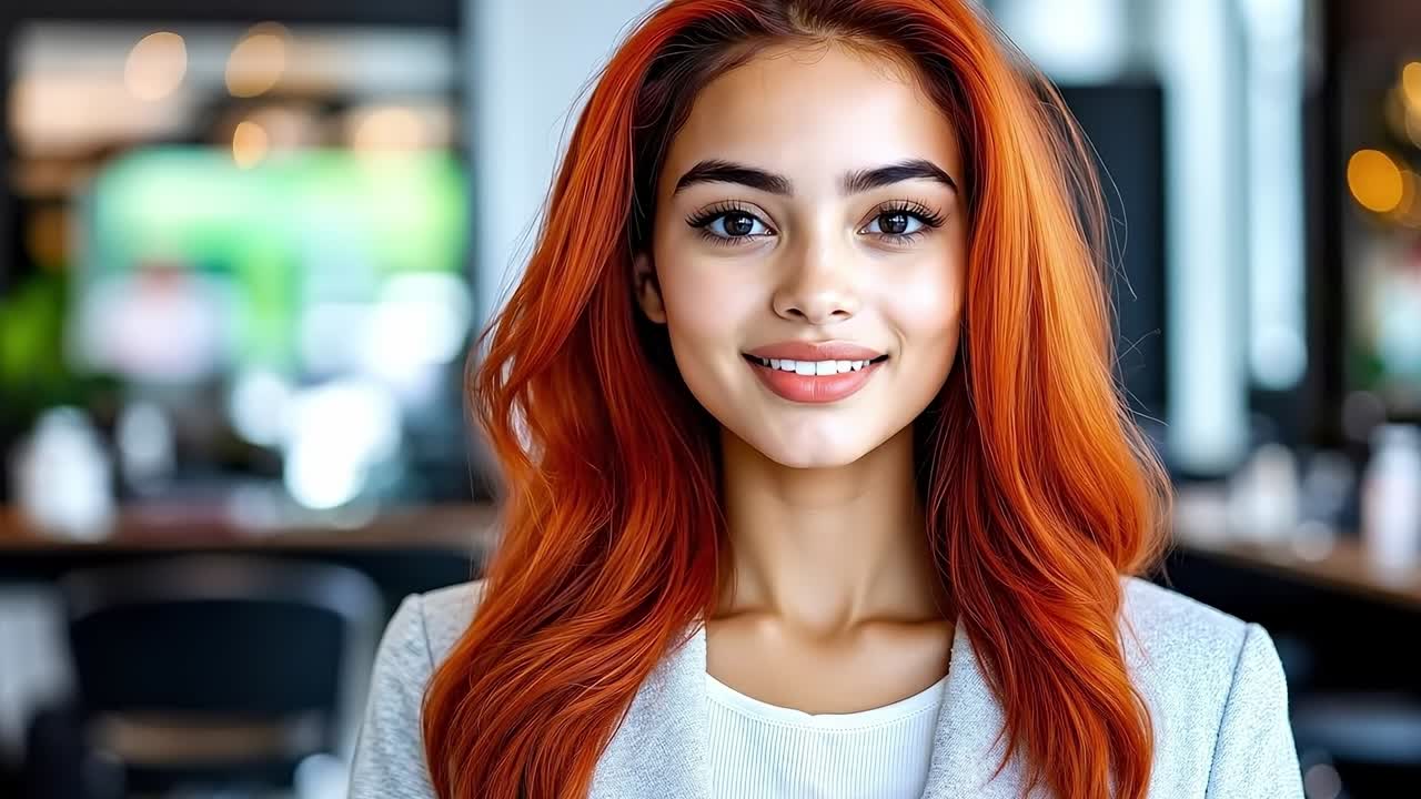 A woman with bright orange hair smiling at the camera