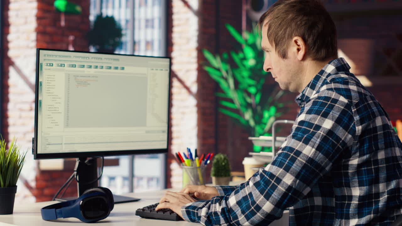 programista przy biurku wpisujący kody do komputera, tworzący programy oprogramowania