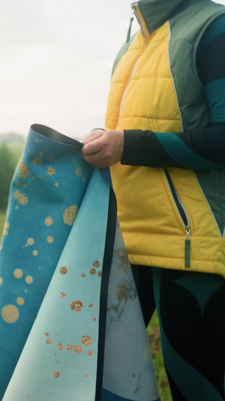 Woman in yellow and green jacket retrieves mat from bag on ground with green coat next to it on grassy field, she picks up mat while looking into the distance with focus, vast field in the background