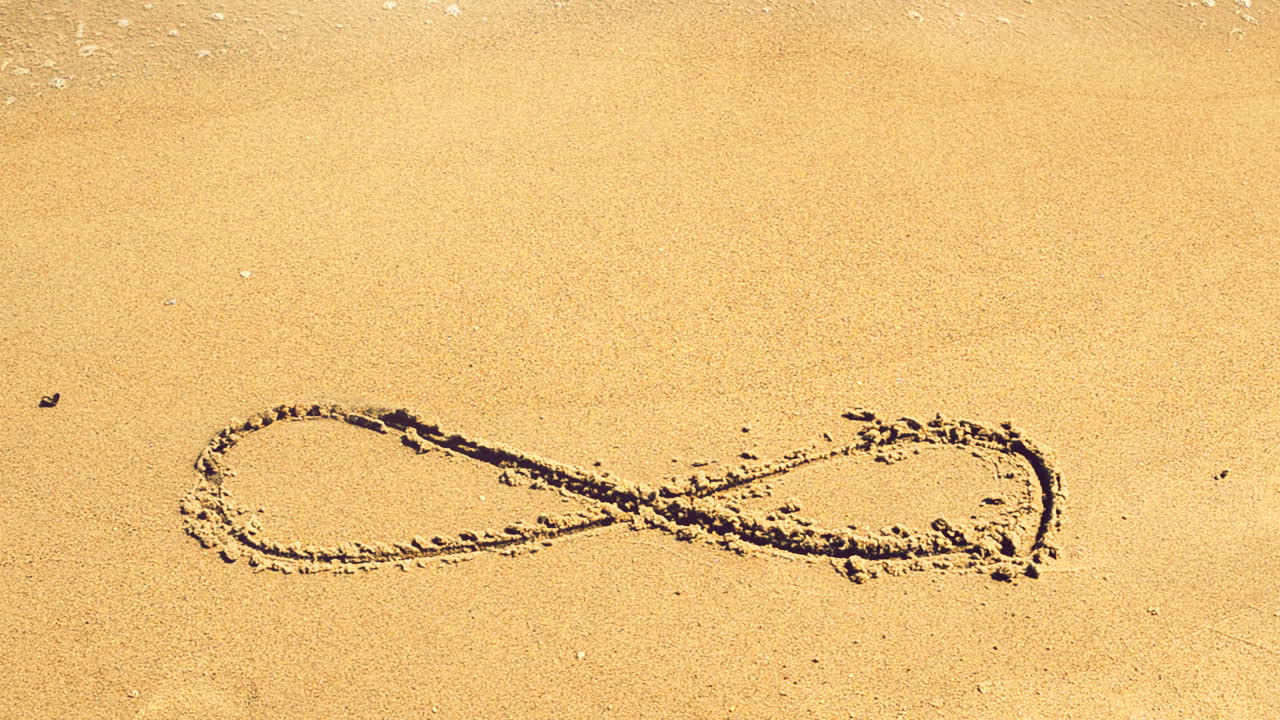 Segno dell'infinito sulla sabbia, la spiaggia. Riprese in spiaggia.