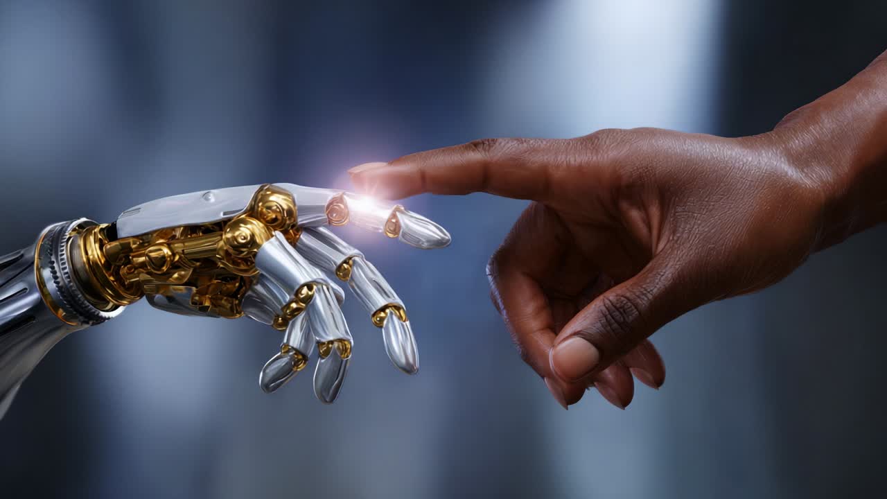 A captivating moment where human ingenuity meets advanced technology, illustrated by the delicate connection between a human hand and a robotic hand, symbolizing the harmony between humanity and artificial intelligence