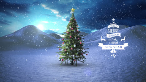 Animation-of-christmas-greetings-over-winter-landscape-background-with-christmas-tree