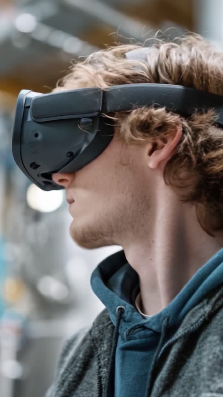 A Young Man Experiencing Virtual Reality with Headset Immersed in a Modern Environment, Exploring the New Possibilities of Technology and Digital Interaction