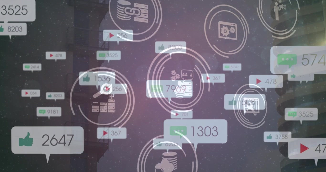 Animation of social media reaction and tech icons over buildings