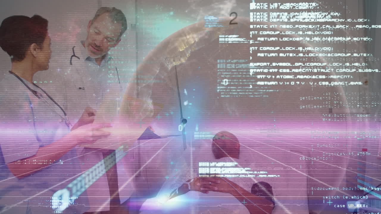 백인 남성 의사와 여성 의료 종사자가 병원에서 보고서를 논의하는 데이터 처리