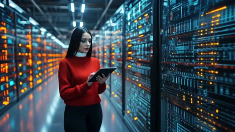 woman using tablet in a high-tech data center with glowing servers