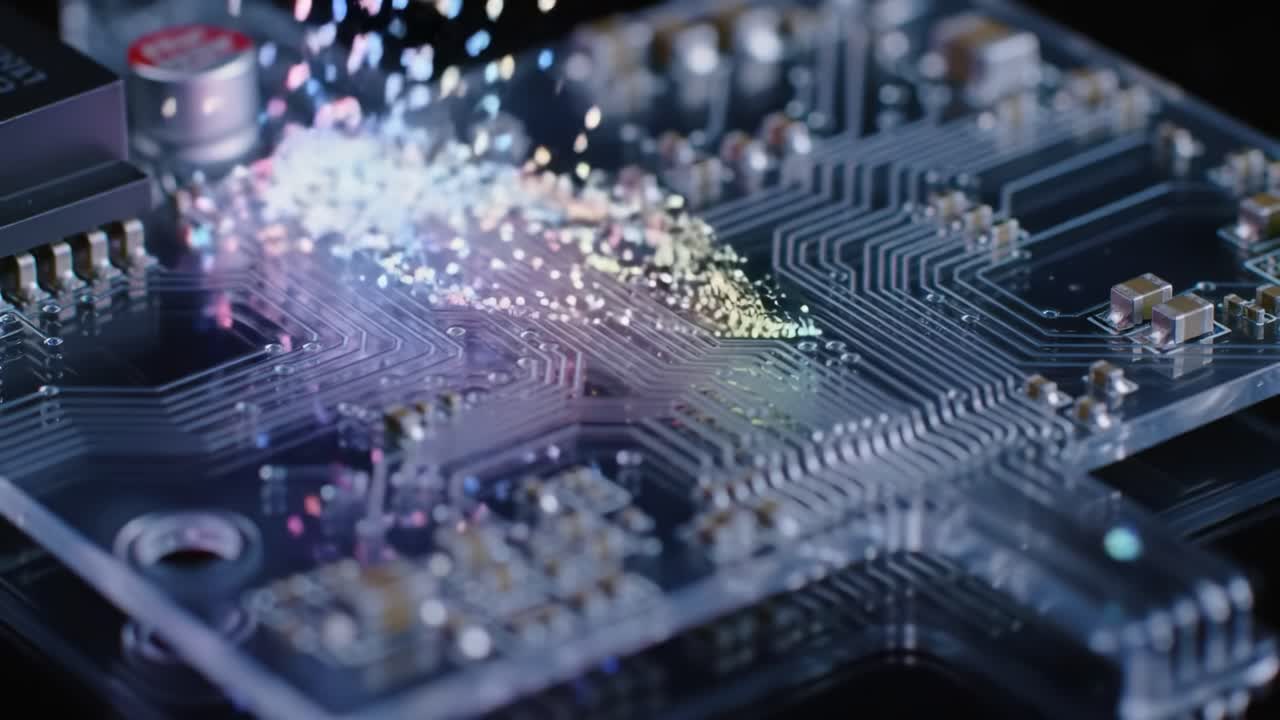 Captivating Close-Up of a Circuit Board with Glimmering Lights and Intricate Atlases of Electric Pathways Showcasing Cutting-Edge Technology and Innovation
