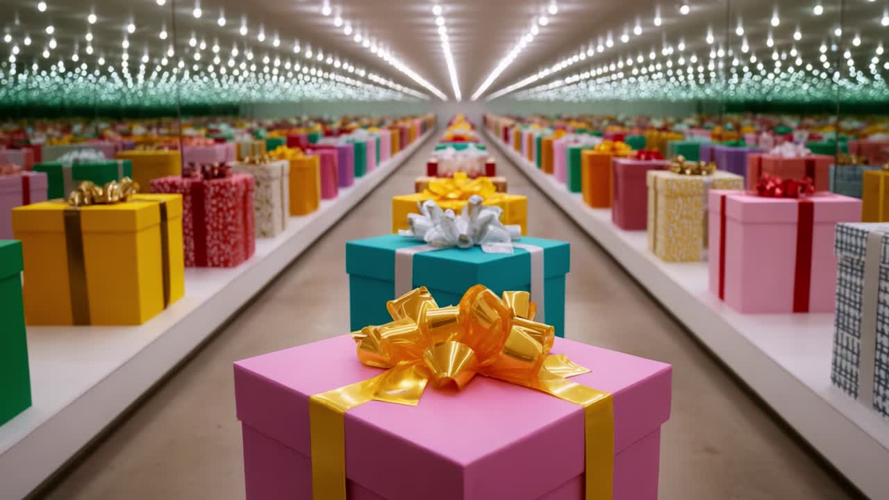 A Beautiful Array of Colorful Gift Boxes Enclosed in a Mirror-Lit Hallway, Exuding Joy and Anticipation, Perfect for Celebrations, Surprises, and Festive Occasions of Giving