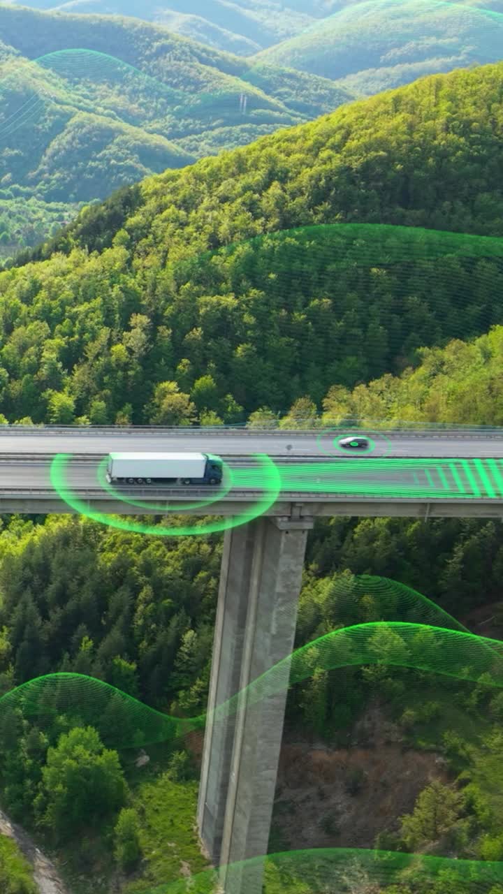 Autonomous Truck with Cargo Trailer on Highway Viaduct Futuristic Driverless Freight Vehicle Using AI Sensors, GPS Tracking, Neural System, Big Data, Automation, and Modern Logistic Technology