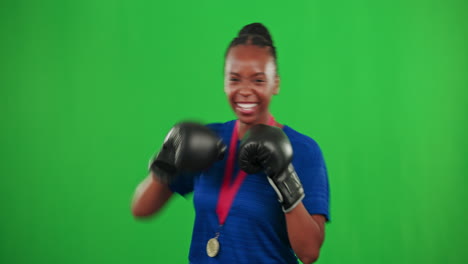 Winner,-boxing-and-medal-with-black-woman-on-green