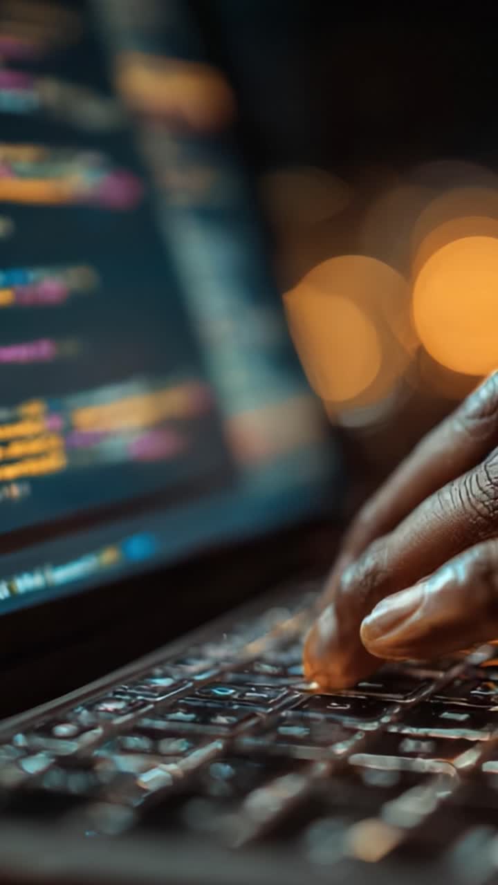 A Close-Up of a Hand Typing on a Laptop Keyboard While Programming, Highlighting the Intricacies of Coding in a Dimly Lit Environment with Bright Screen Colors