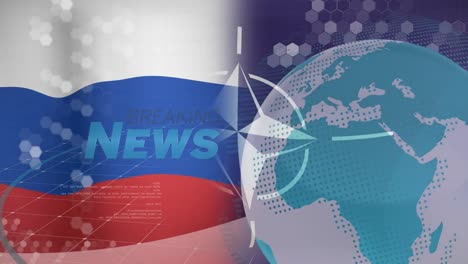 animation of globe and news over flag of russia and nato