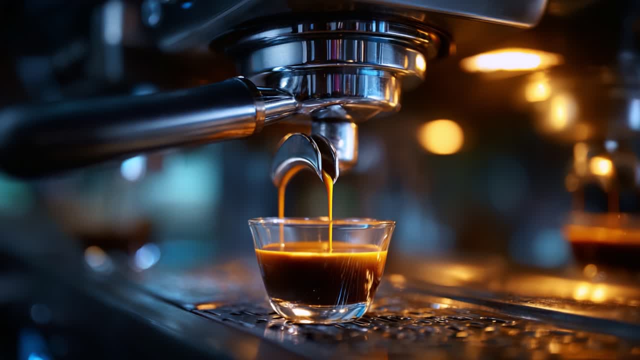 Um espresso encorpado sendo extraído de uma máquina de café, mostrando o creme marrom escuro e o fluxo suave para uma xícara de vidro, enfatizando a arte de preparar café
