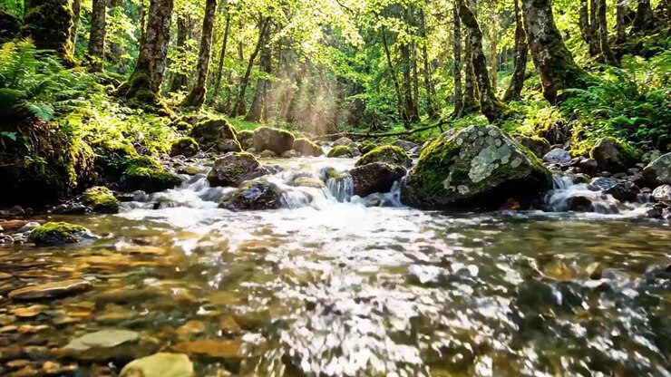En fredfyldt bæk, der strømmer gennem en frodig grøn skov, oplyst af sollys, der fanger naturens ro i perfekt harmoni og levende farver