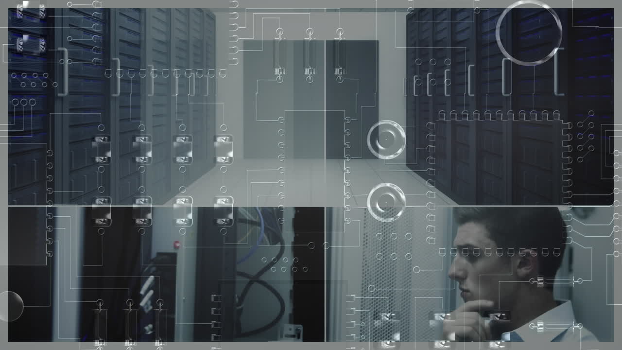 fondo compuesto de la sala de servidores y el personal con placa de circuito de cerca