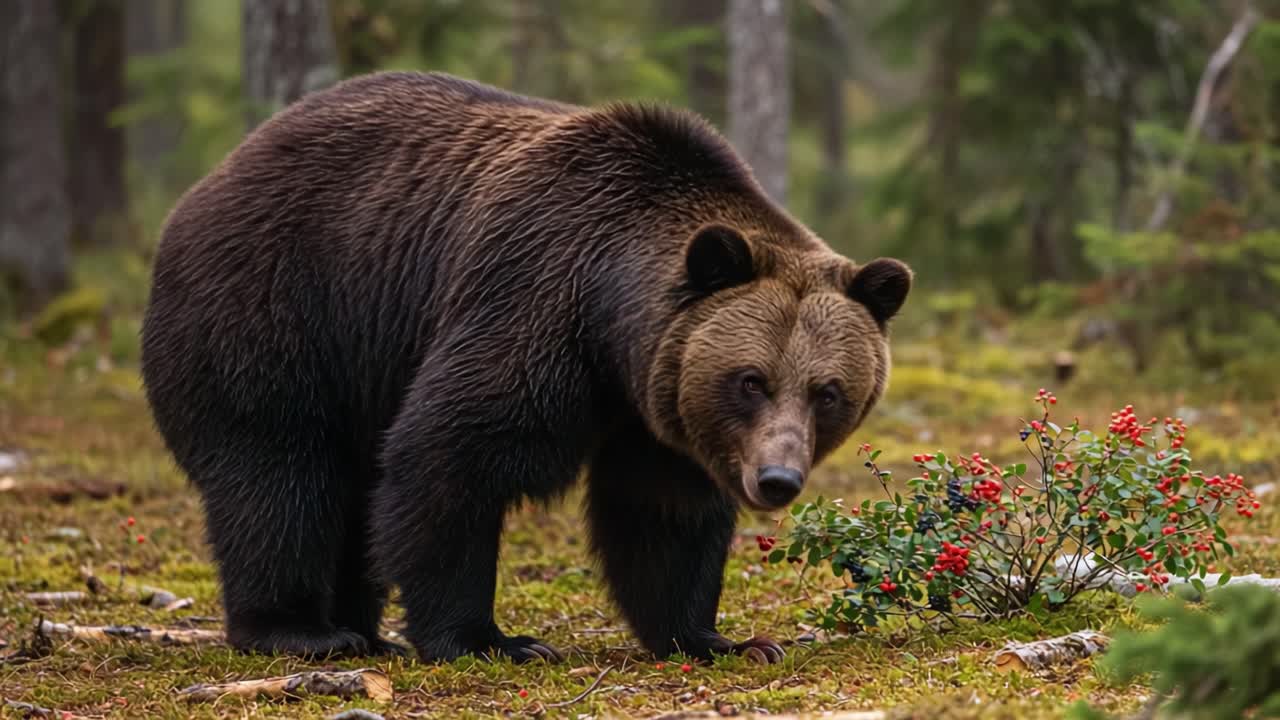 A Grizzly Bear Foraging for Berries in a Lush Forest Environment, Showcasing Its Natural Habitat and Unique Behavior as It Enjoys a Meal Amongst Vibrant Foliage