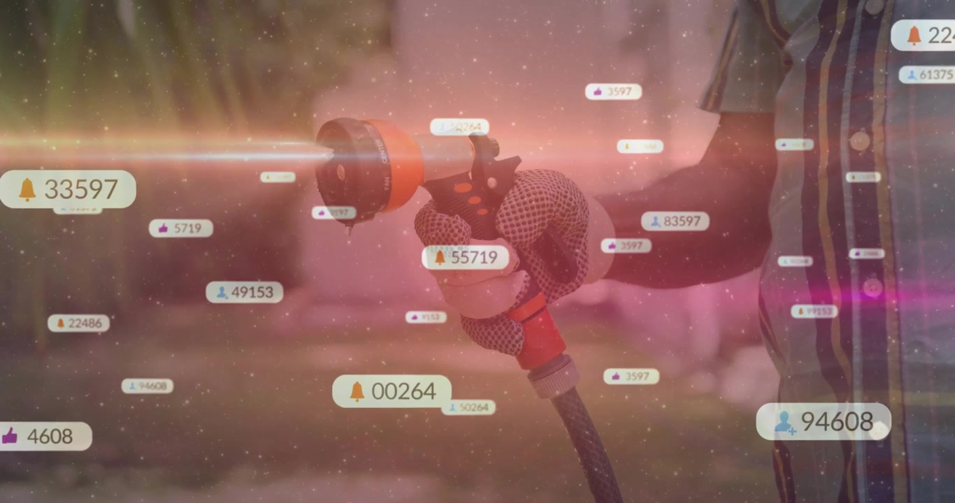 Gardener gripping garden hose nozzle, data tag appearing, tags floating, tracking metrics, fading