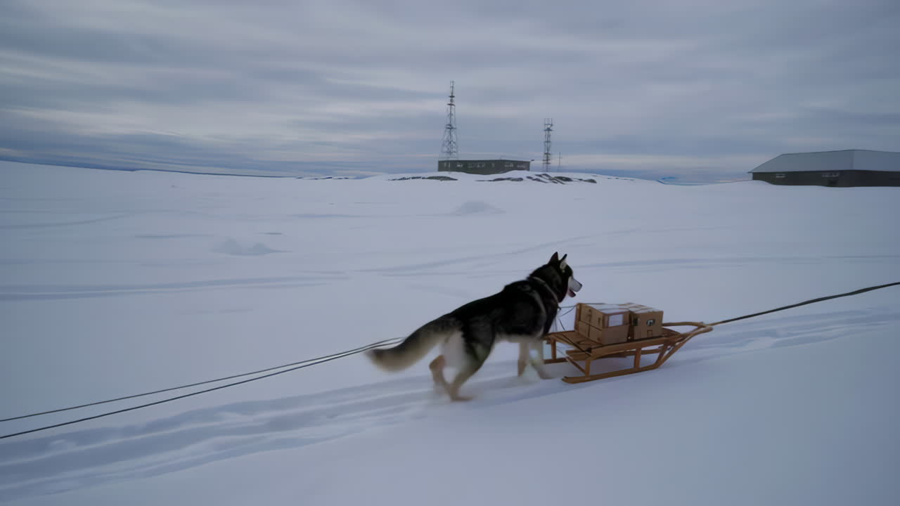 Husky pulling sled in snowy landscape