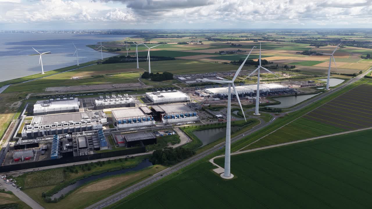 Big data infrastructure in the Eemshaven, focusing on large-scale computing centers, cloud services, internet infrastructure, and aerial views
