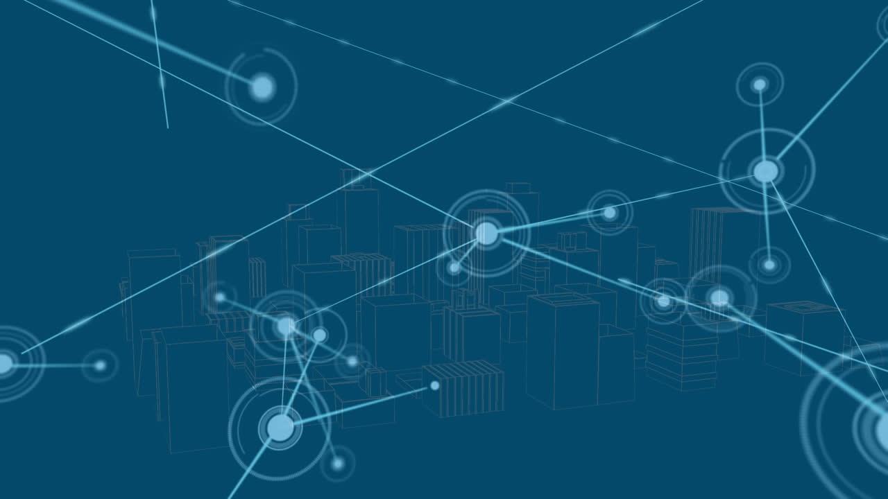 Digital animation of network of connections against 3d city model spinning on blue background