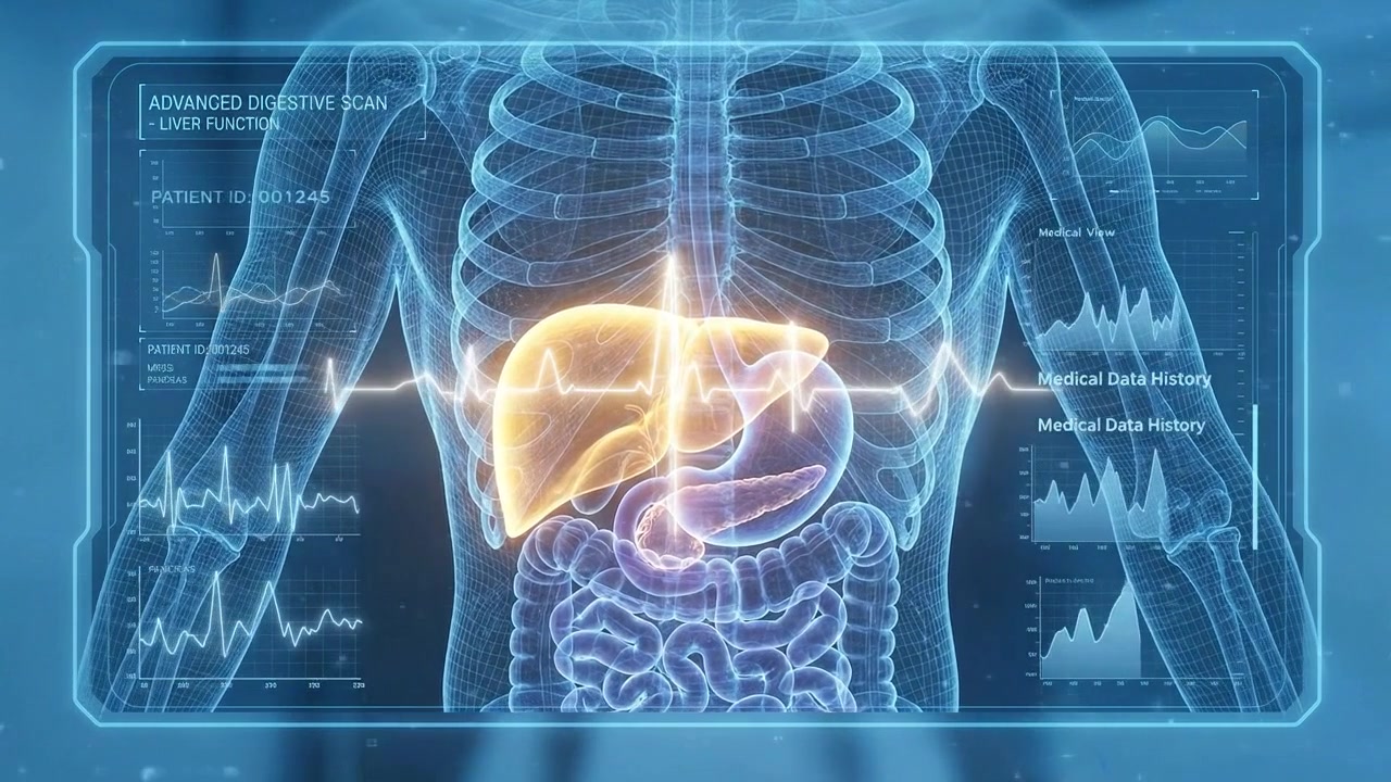 Medical monitor displaying highlighted liver inside transparent human torso