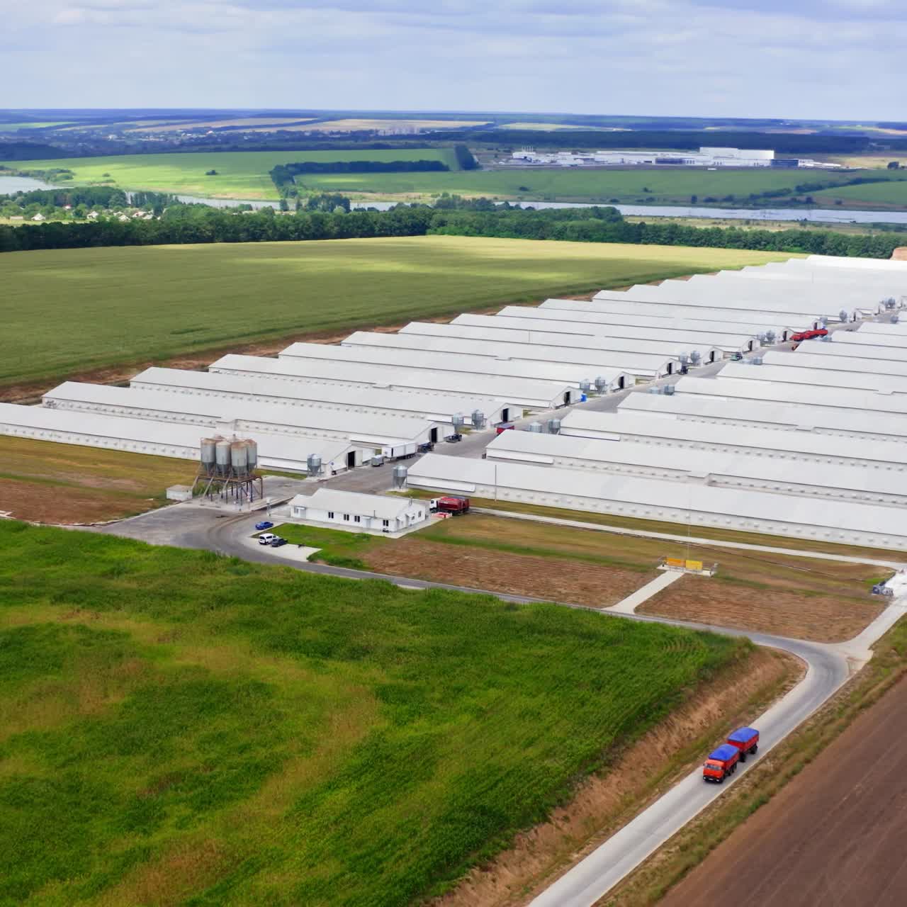 Innovative farm on beautiful landscape. Modern farm buildings on field in summer. White warehouses on green nature. Truck is moving on a road. Aerial view