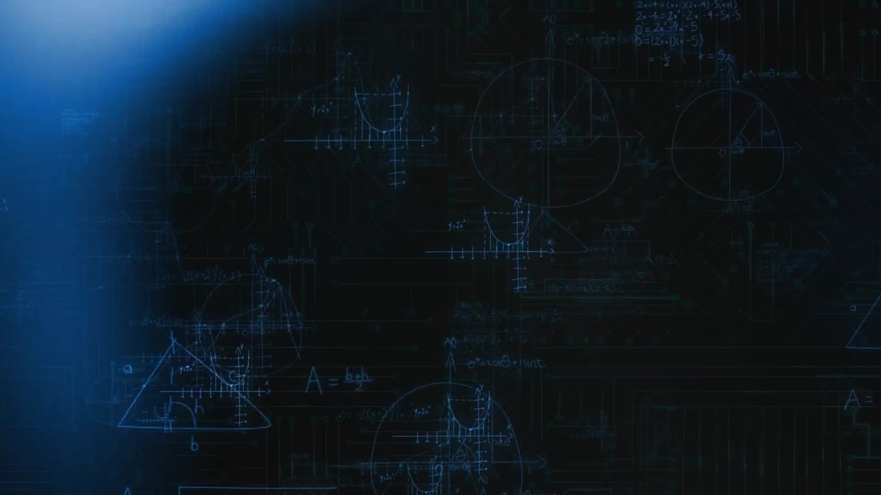Animation von mathematischen Gleichungen über leuchtenden Punkten.