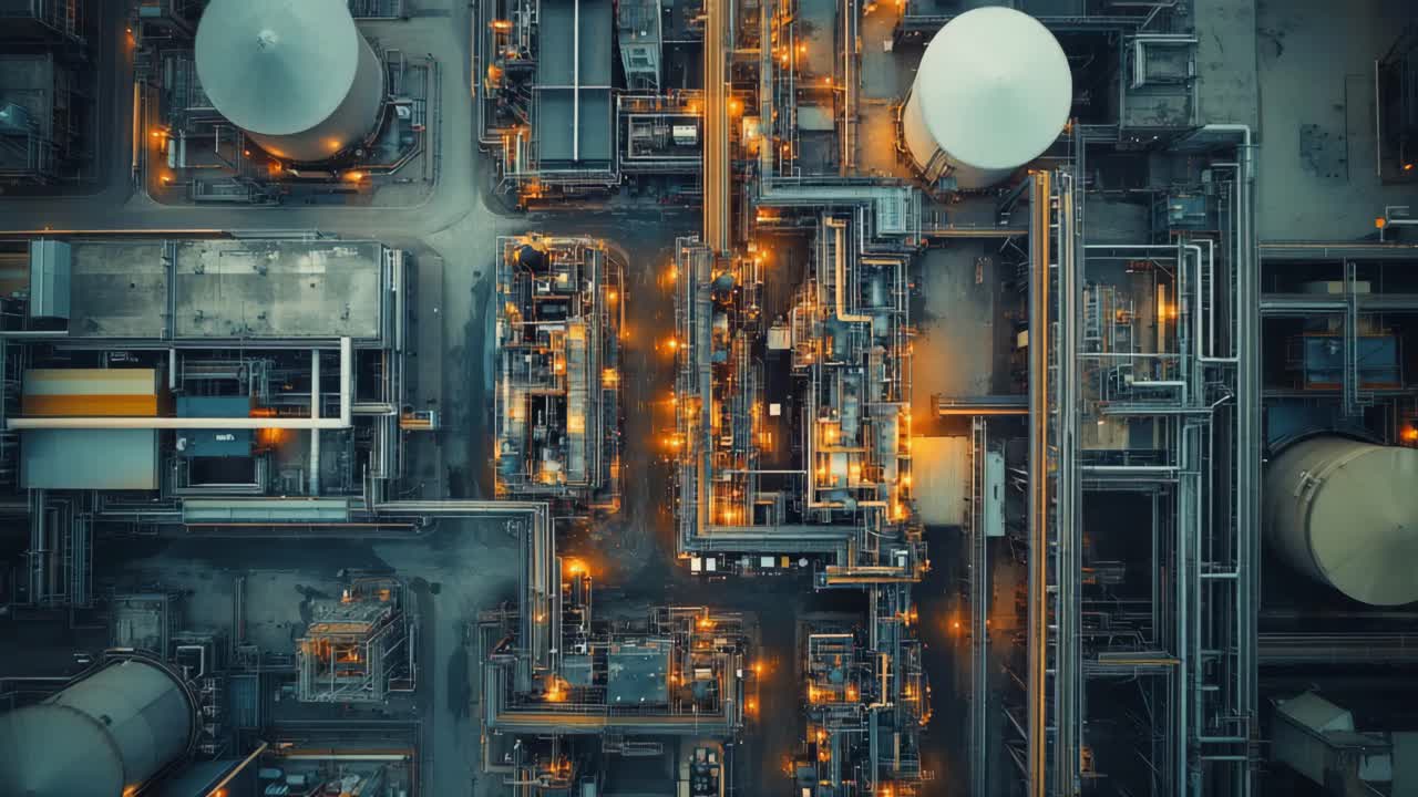 Aerial View of an Illuminated Industrial Plant at Night