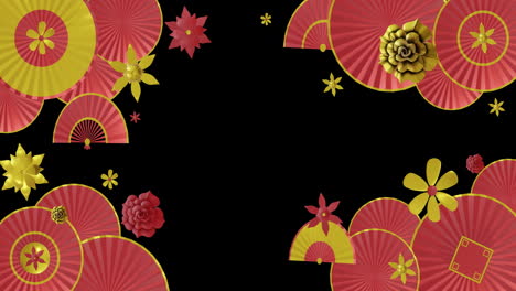 Animation-of-chinese-red-and-gold-pattern-with-copy-space-on-black-background