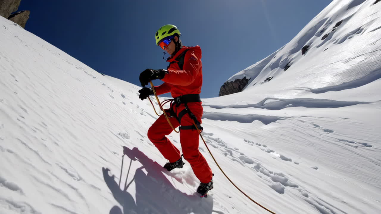 Scalatore su pendio montano innevato