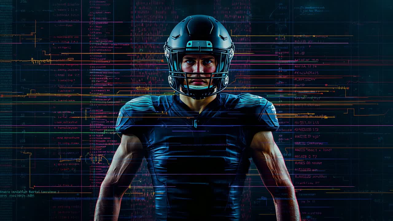 Giocatore di football americano con il casco in piedi in un set virtuale, con barre in aumento e grafici a torta tra codici in intensificazione