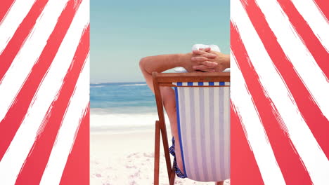 Animation-of-flag-of-usa-over-caucasian-senior-man-on-beach-in-summer