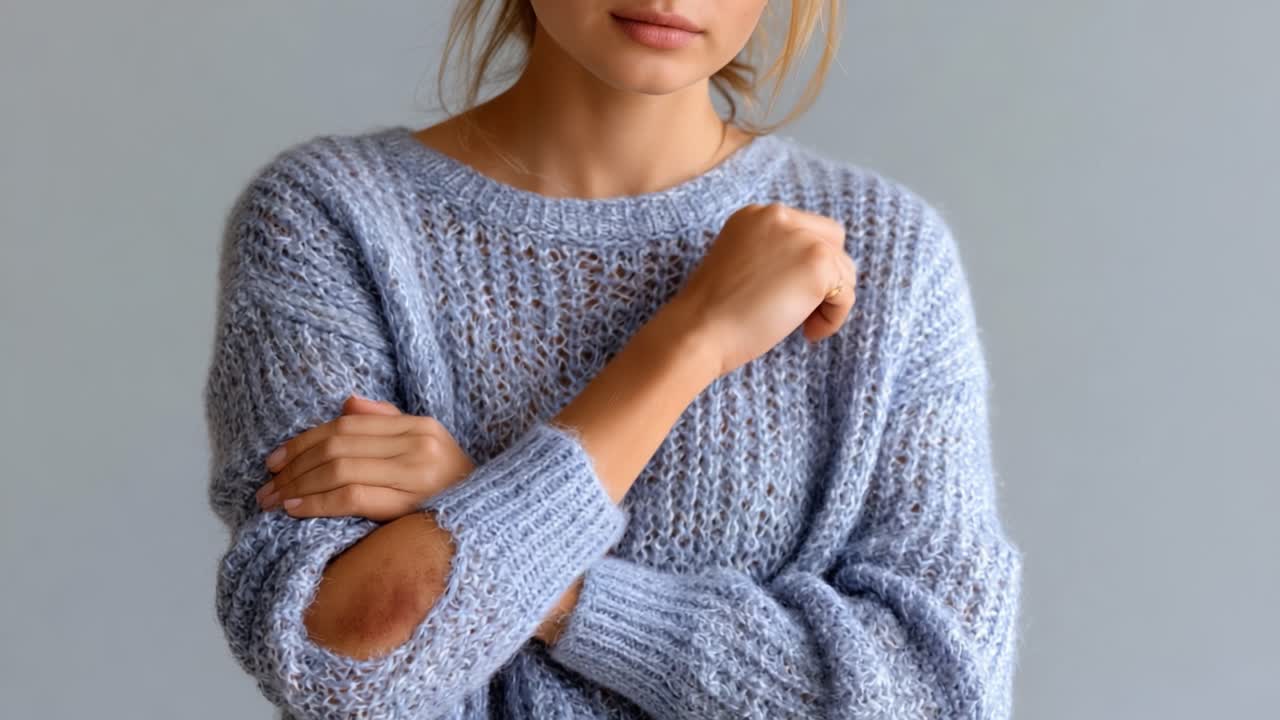 Un individuo contemplativo vestito con un comodo maglione blu, che mostra espressioni pensierose avvolto in uno sfondo sereno, riflettendo un'atmosfera di introspezione e stile.