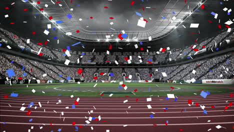 digital animation of colorful confetti falling against sports stadium in background