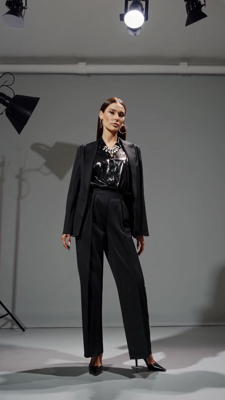 Elegant Woman Posing in Black Blazer and Sequin Top in Studio