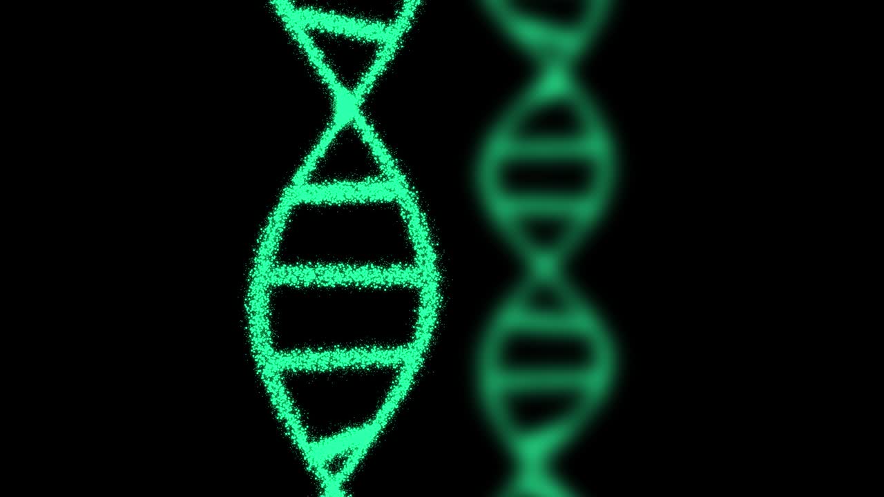 2D animation of two DNA composed of particles on a black background. 60FPS. The object is vertical. The focus is on the front. Truck shot from left to right.